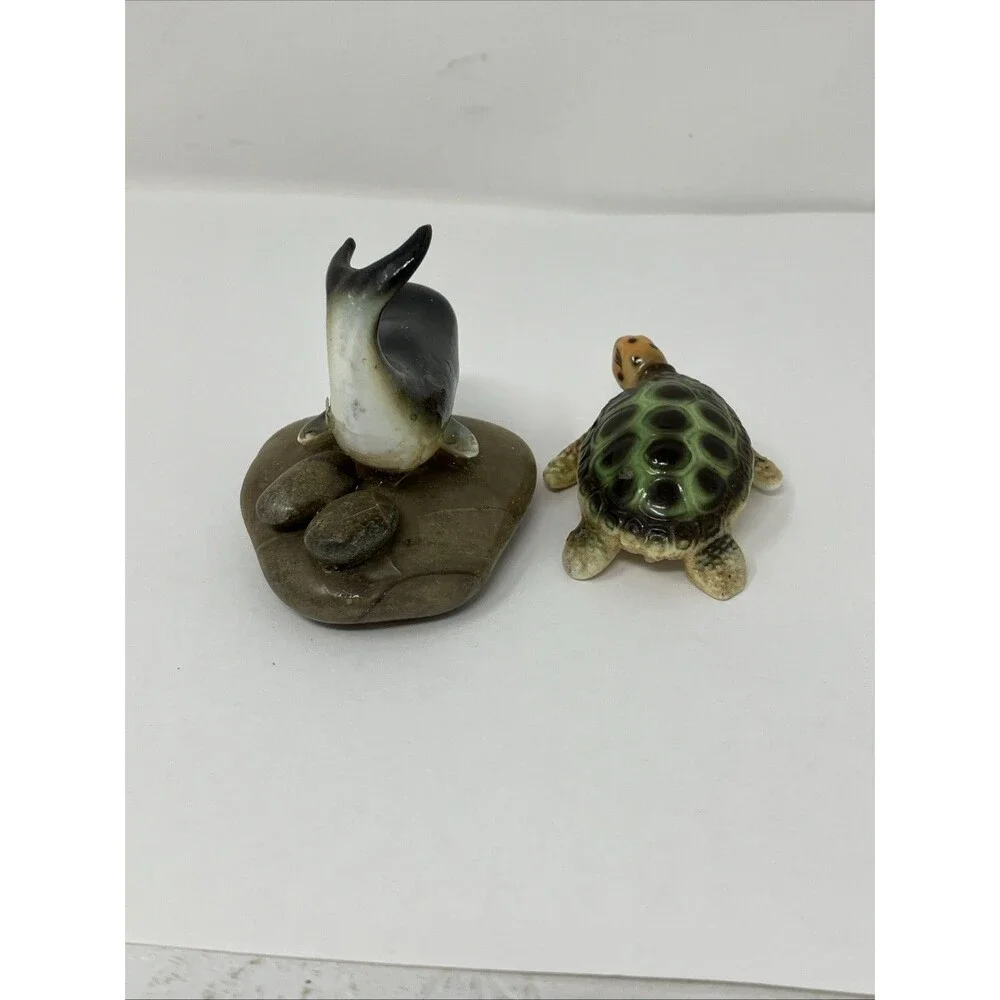 Vintage Ceramic Animal Figurine Lot Of 2 Miniature Whale On Stone & Sea Turtle